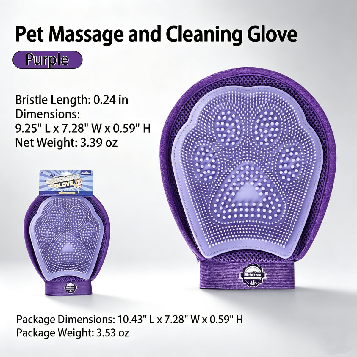 Purple pet massage & cleaning glove product specification with packaging