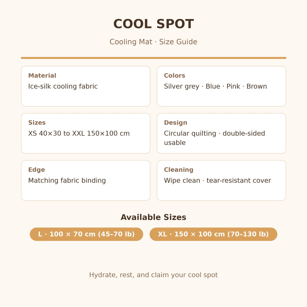 Cora's Petlife Self-Cooling Mat - size guide