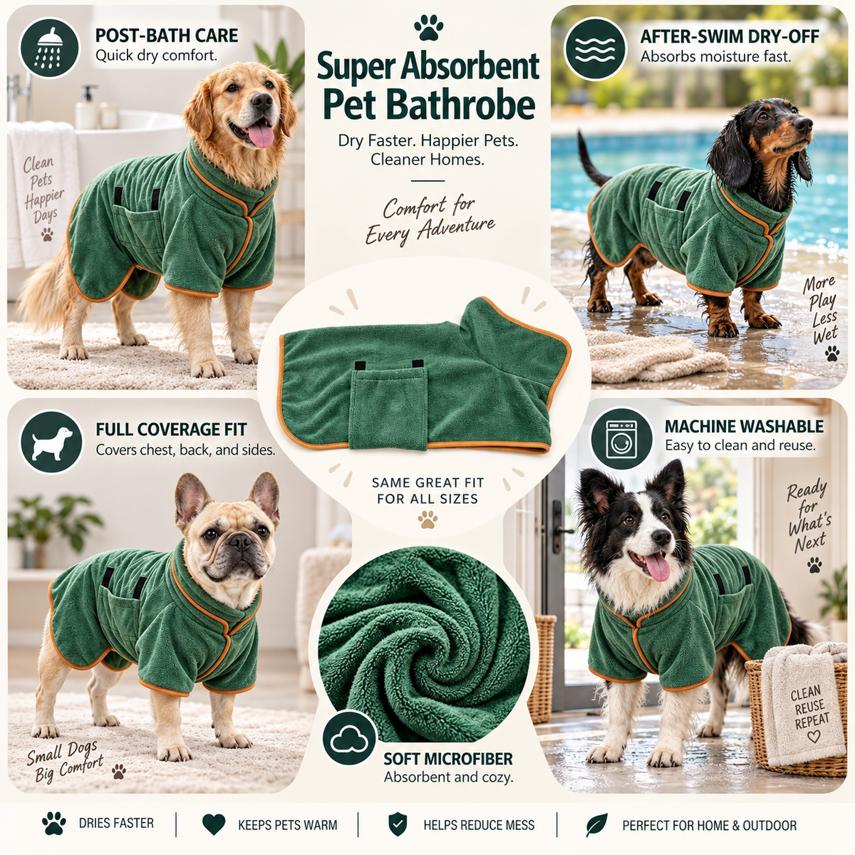 Cora's Petlife 3-in-1 Quick-Dry Pet Bathrobe & Grooming Kit - Super Absorbent Dog Drying Coat, Undercoat Rake & Hair Remover Glove
