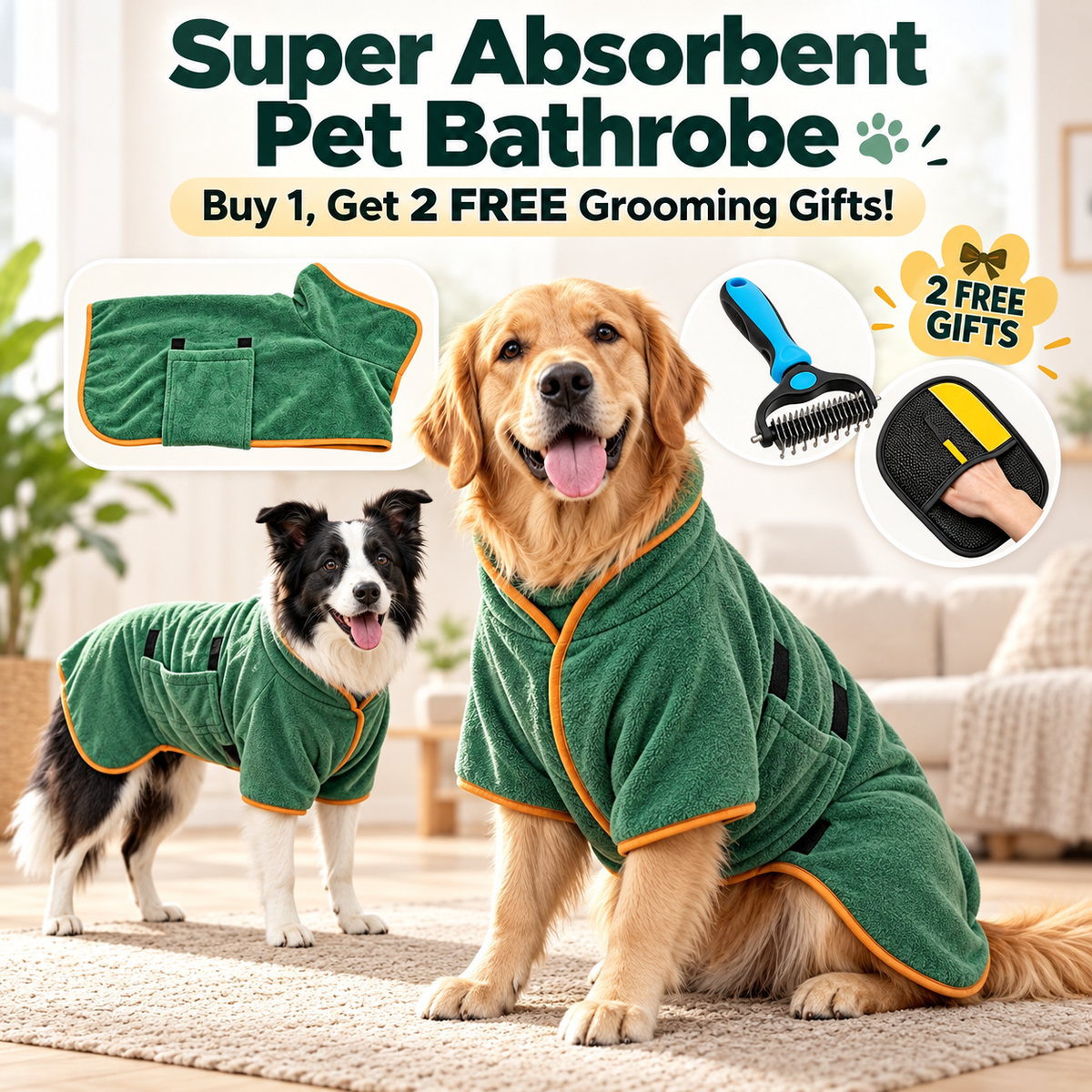 Cora's Petlife 3-in-1 Quick-Dry Pet Bathrobe & Grooming Kit - Super Absorbent Dog Drying Coat, Undercoat Rake & Hair Remover Glove