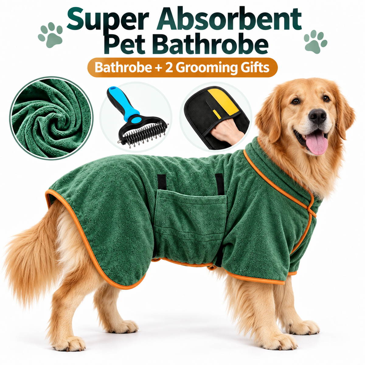 Cora's Petlife 3-in-1 Quick-Dry Pet Bathrobe & Grooming Kit - Super Absorbent Dog Drying Coat, Undercoat Rake & Hair Remover Glove