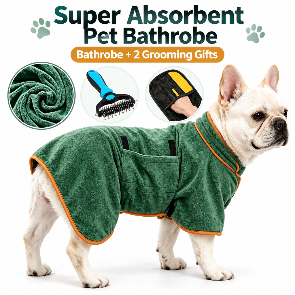 Cora's Petlife 3-in-1 Quick-Dry Pet Bathrobe & Grooming Kit - Super Absorbent Dog Drying Coat, Undercoat Rake & Hair Remover Glove
