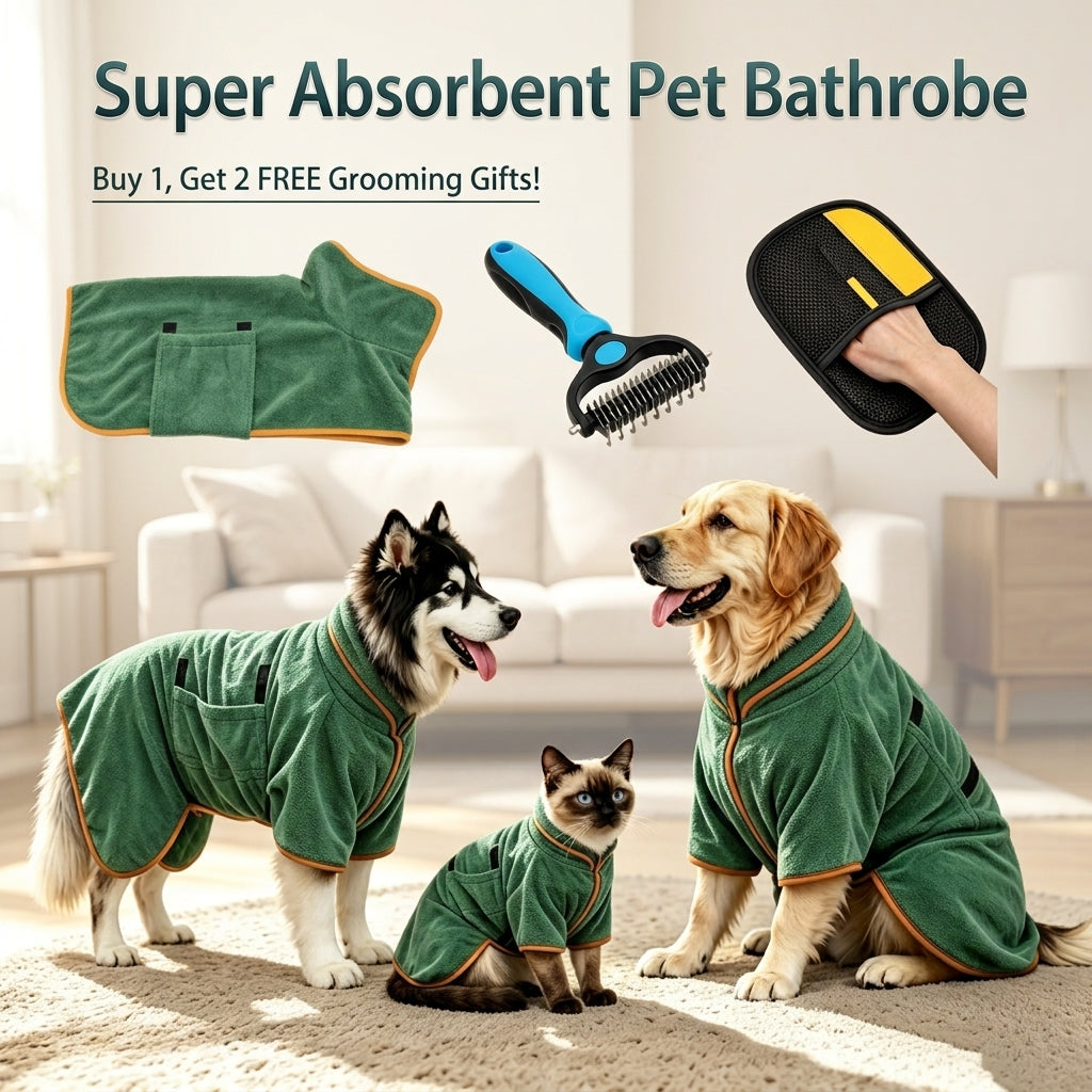 Cora's Petlife 3-in-1 Quick-Dry Pet Bathrobe & Grooming Kit - Super Absorbent Dog Drying Coat, Undercoat Rake & Hair Remover Glove