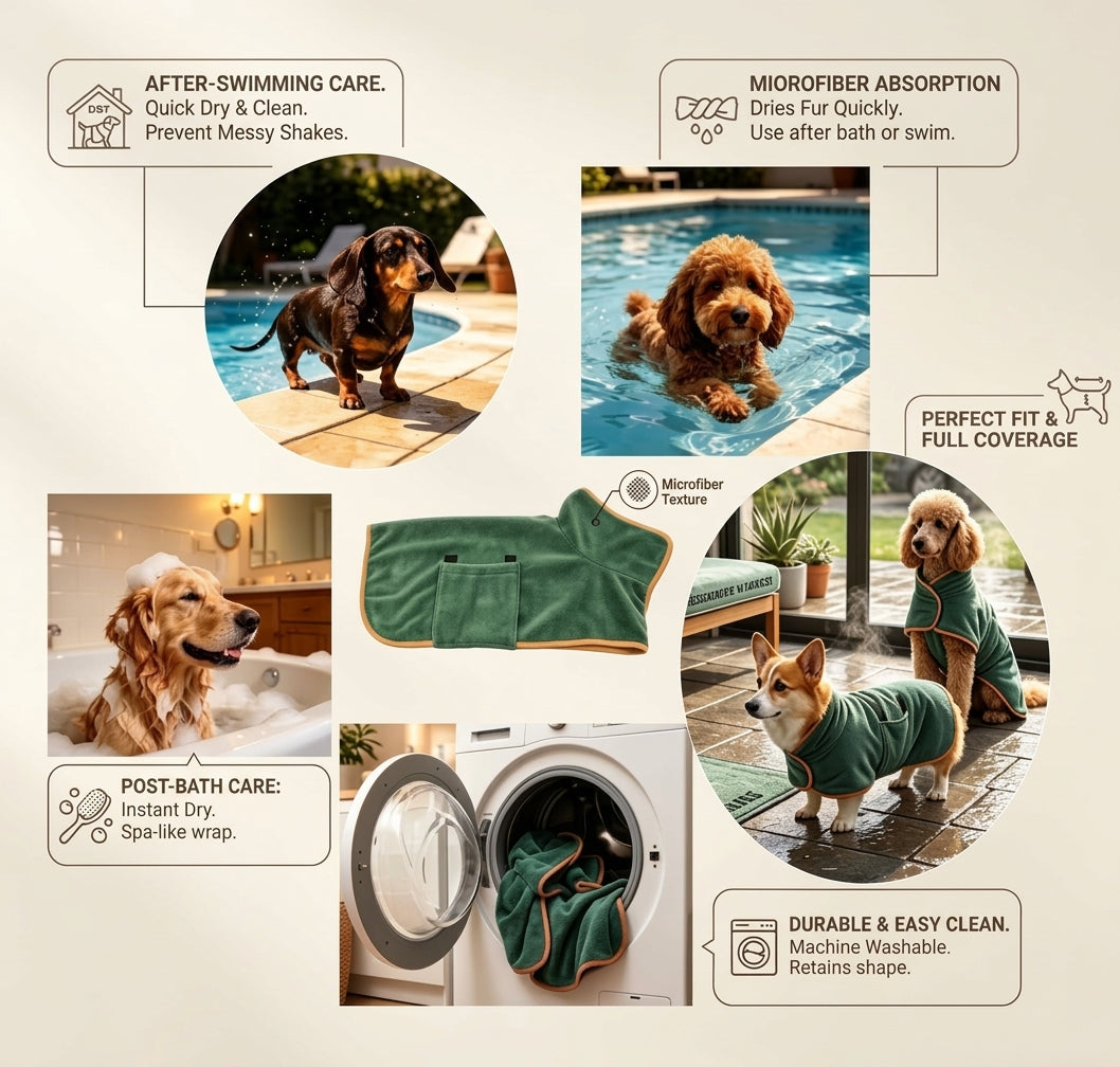Cora's Petlife 3-in-1 Quick-Dry Pet Bathrobe & Grooming Kit - Super Absorbent Dog Drying Coat, Undercoat Rake & Hair Remover Glove