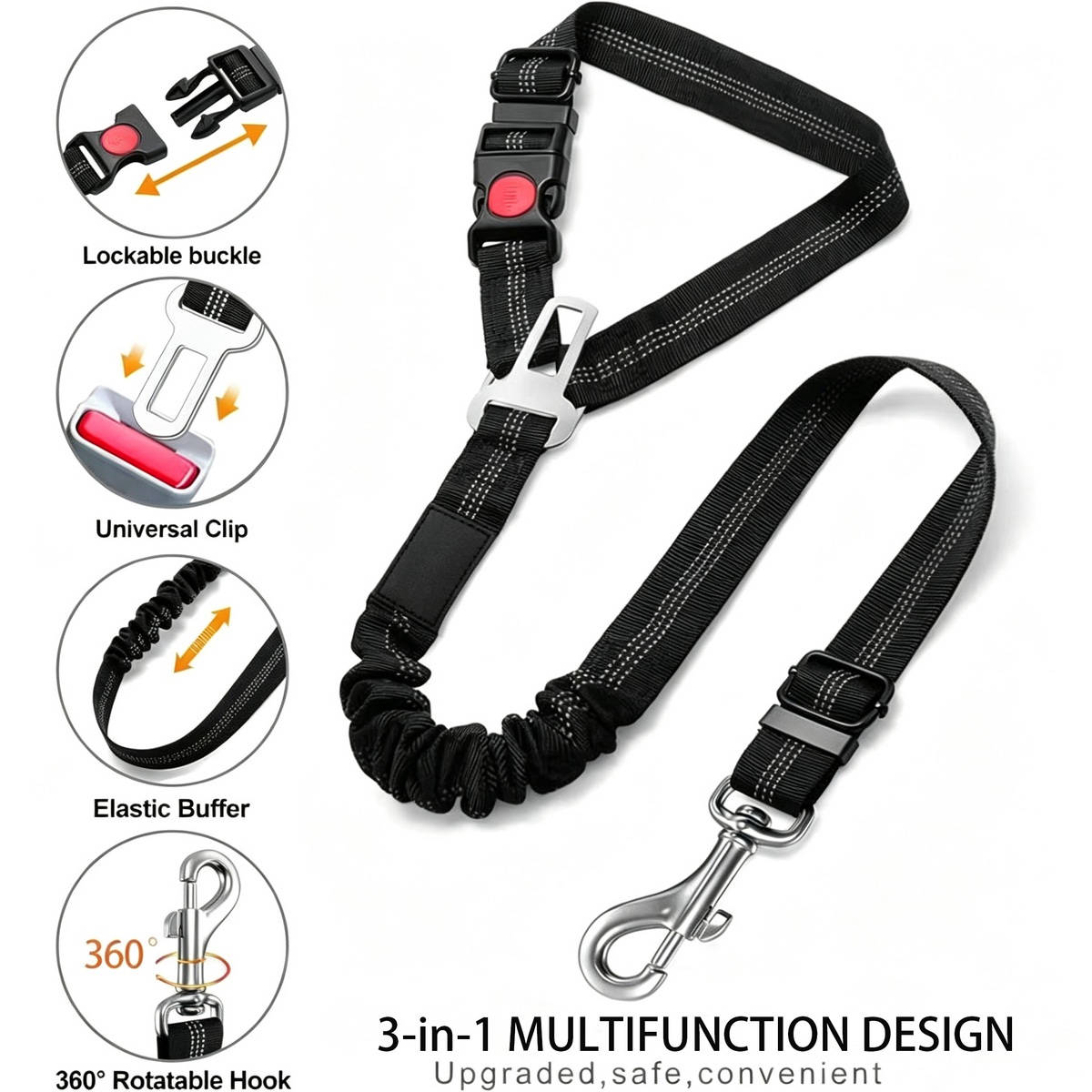 Anti shock seat belt leash 3 in 1 design features