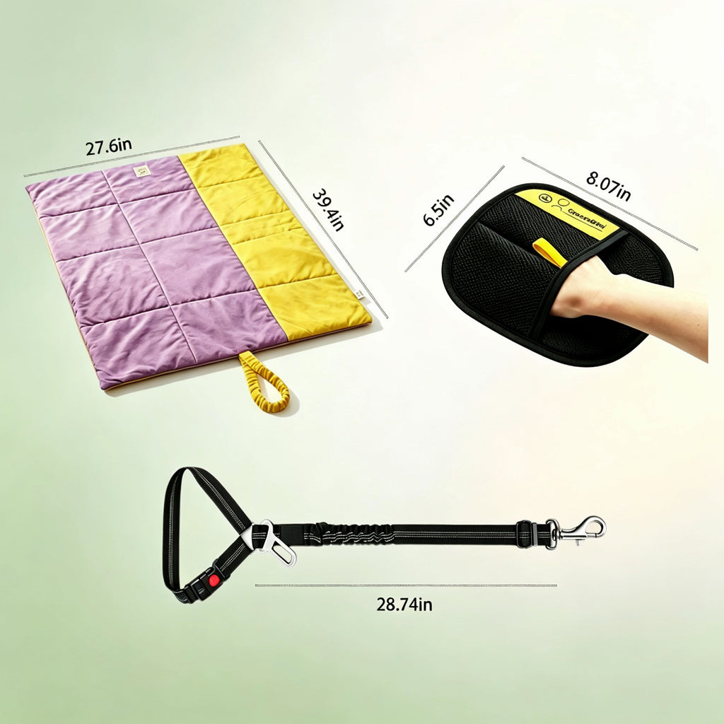 3 piece set dimensions mat 27.6 by 39.4 in leash 28.74 in glove 6.5 by 8.07 in