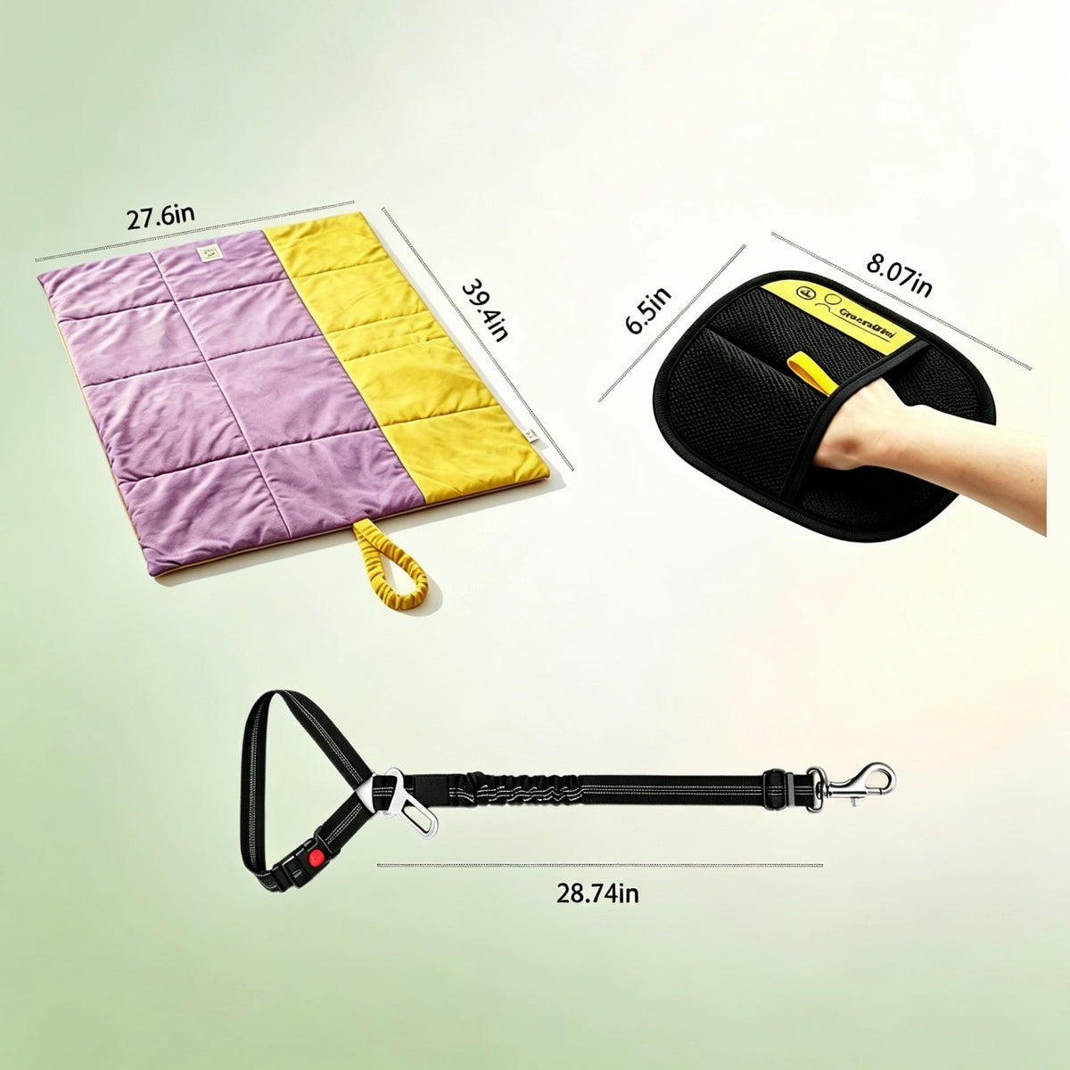 3 piece set dimensions mat 27.6 by 39.4 in leash 28.74 in glove 6.5 by 8.07 in