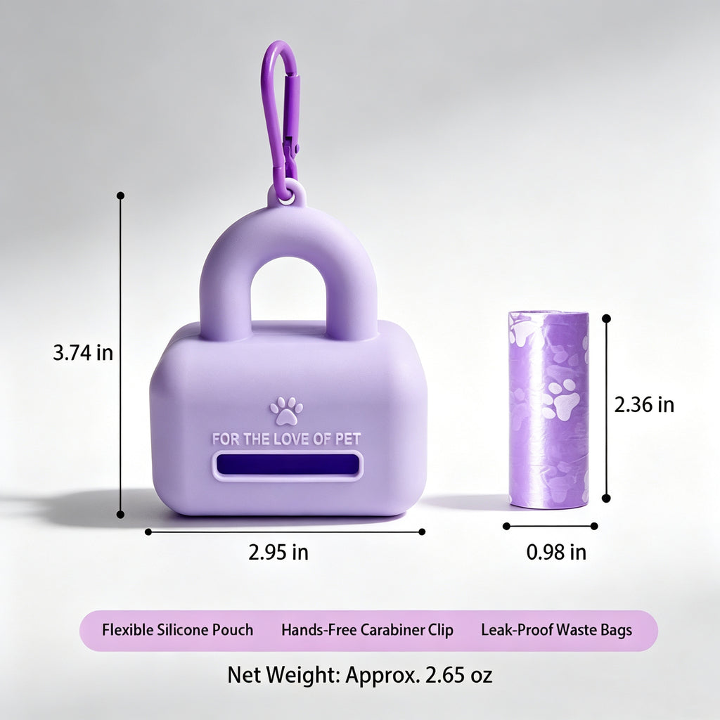 Purple silicone pet waste bag dispenser specification with paw print bag roll