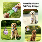 Portable silicone pet poop scooper lifestyle clipped to harness and leash