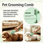 Mint green pet grooming comb one-button self-cleaning feature infographic