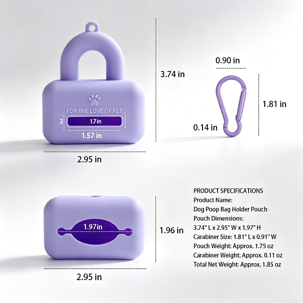 Dog poop bag holder pouch product specifications front and bottom views