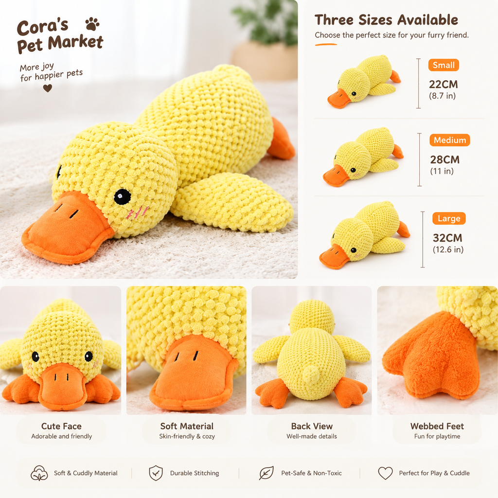 Squeaky Plush Duck Dog Toy - Quacking Companion Duck with Soft Fluffy Body, Durable Chew and Sleep Buddy for Small to Large Dogs (3 Sizes)