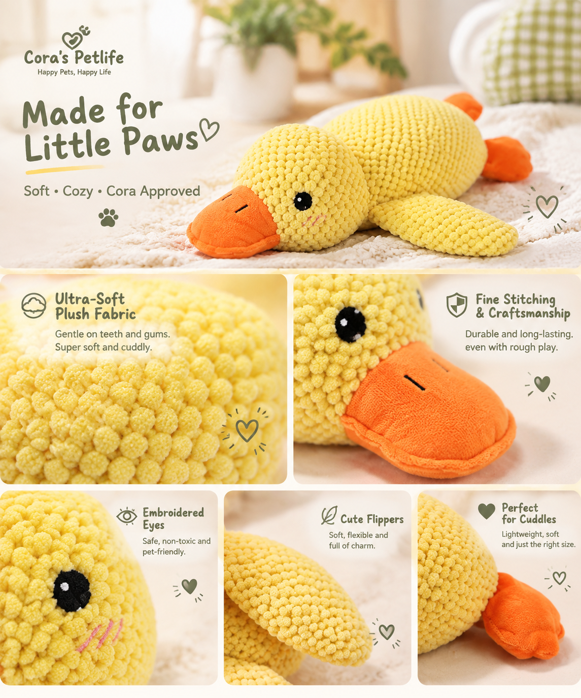Squeaky Plush Duck Dog Toy - Quacking Companion Duck with Soft Fluffy Body, Durable Chew and Sleep Buddy for Small to Large Dogs (3 Sizes)