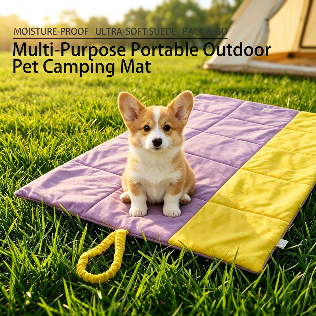 Corgi resting on moisture proof pet mat outdoors