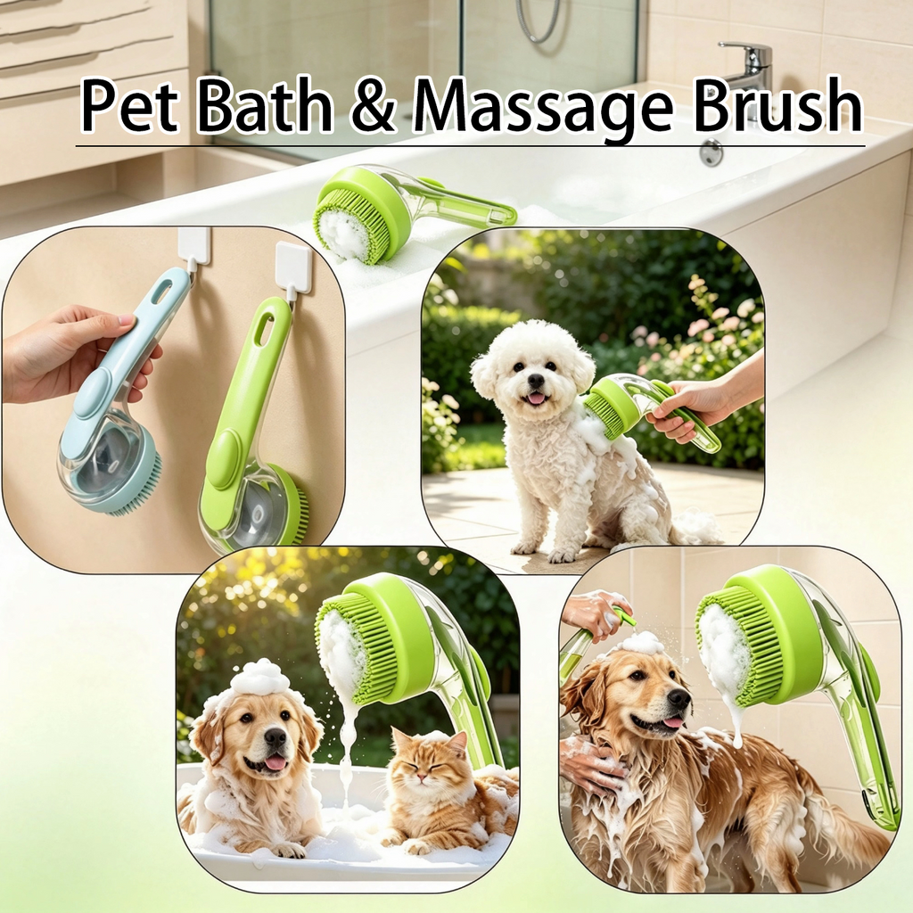 2-in-1 pet bath & massage brush in bathroom with foam demonstration