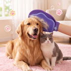 Purple grooming glove removing hair from golden retriever with cat