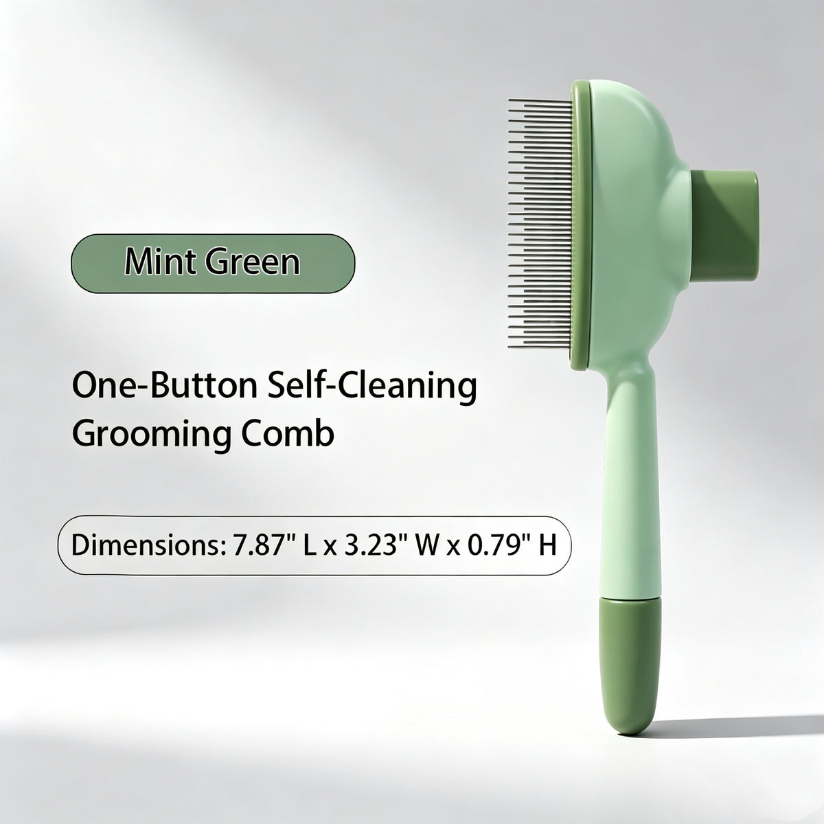 One-button self-cleaning mint green grooming comb product shot