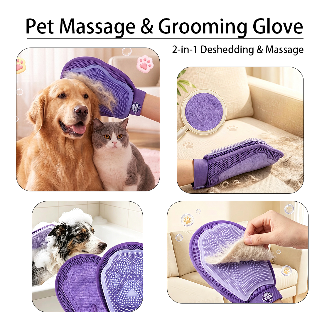 Pet massage & grooming glove four-scene use - grooming, furniture, hair removal, bathing