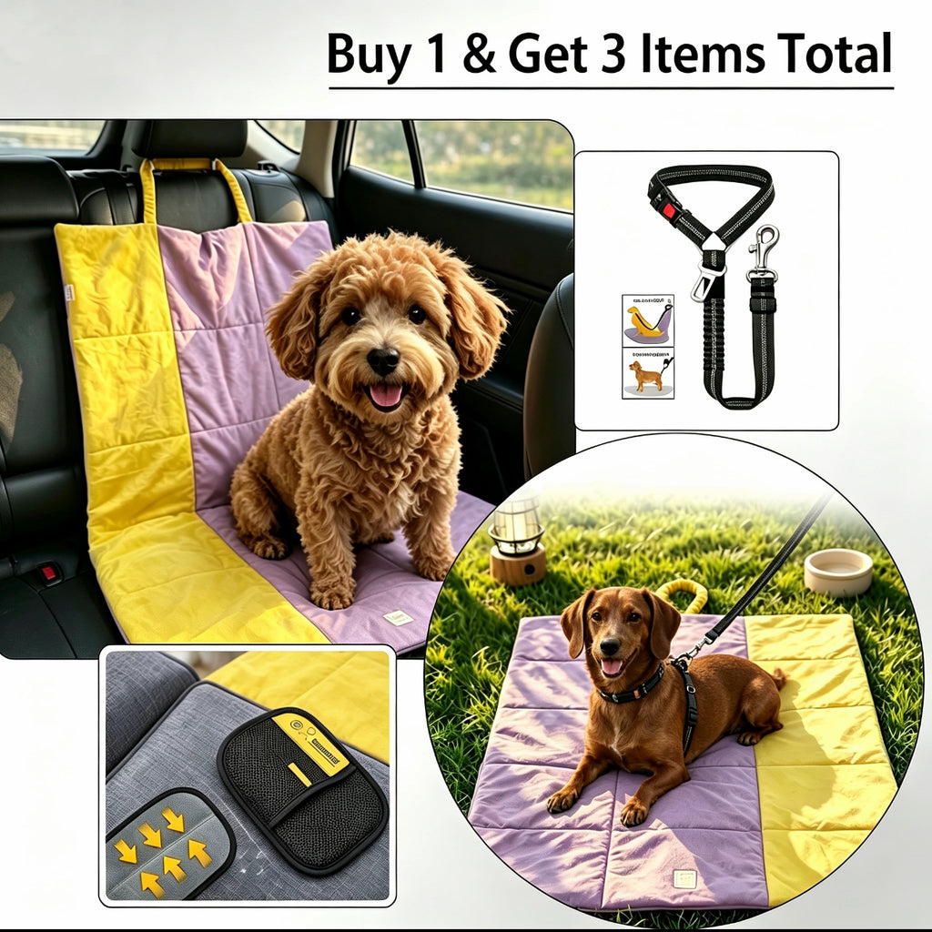 Dog sitting on quilted car seat cover in car seat