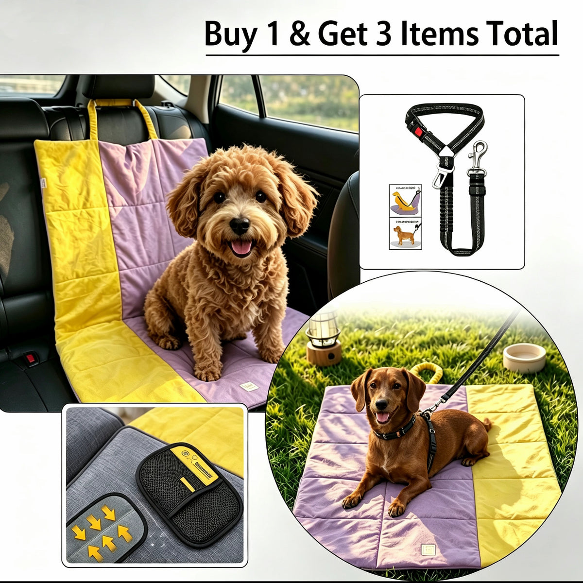 Dog sitting on quilted car seat cover in car seat