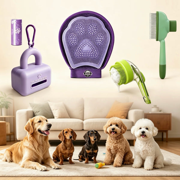 4PCS Dog Grooming & Cleanup Kit, Silicone Bath Brush, Deshedding Brush, Pet Hair Remover & Poop Bag Dispenser