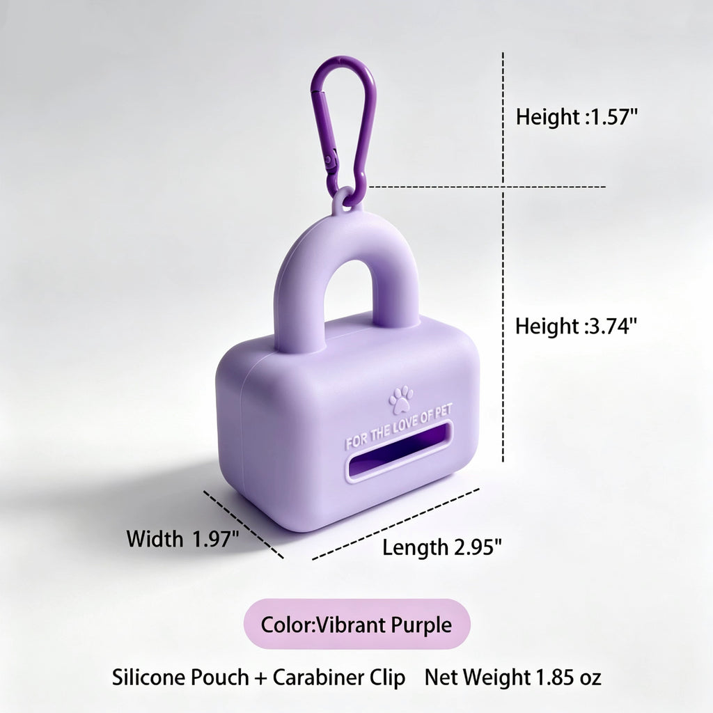 Lavender silicone pet waste bag pouch with carabiner dimension view