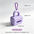 Lavender silicone pet waste bag pouch with carabiner dimension view