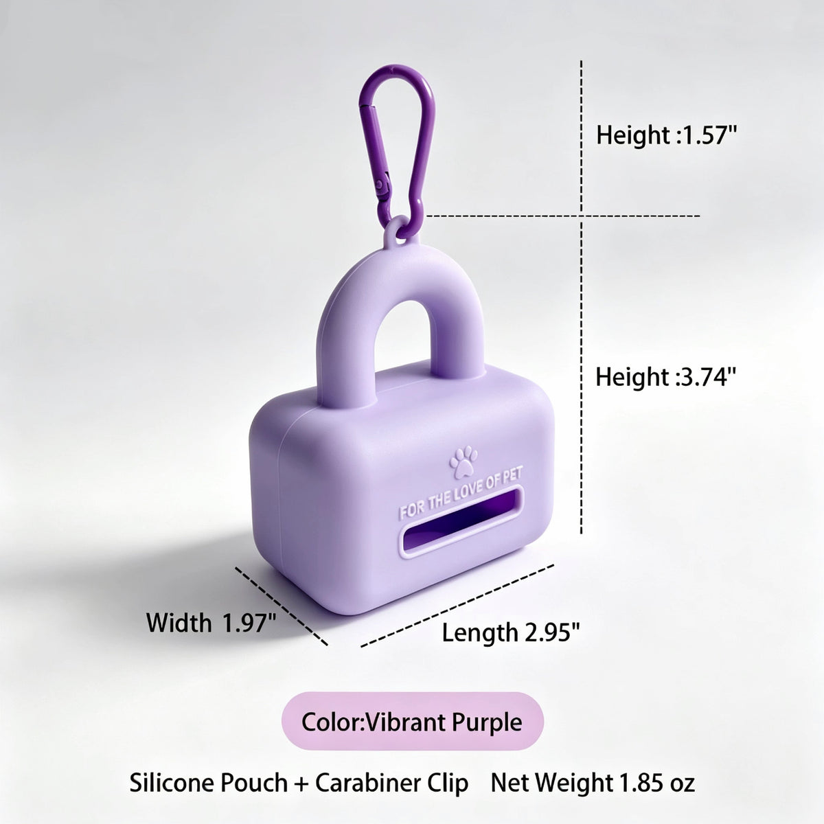 Lavender silicone pet waste bag pouch with carabiner dimension view